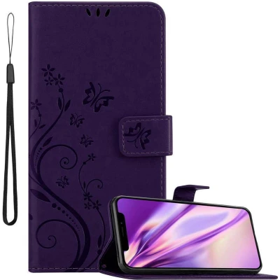 Afbeelding van Cadorabo Hoesje geschikt voor Apple iPhone XR in BLOEMEN DONKER PAARS Beschermhoes bloemmotief met magnetische sluiting, standfunctie en kaartsleuven Book Case Cover Etui