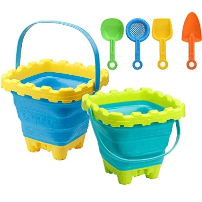Afbeelding van TRIXES Set van 2 opvouwbare emmer en schep, ideaal voor vakantie, siliconen design, minimaliseert de ruimte in bagage, premium kwaliteit, zomercadeau, 6 stuks