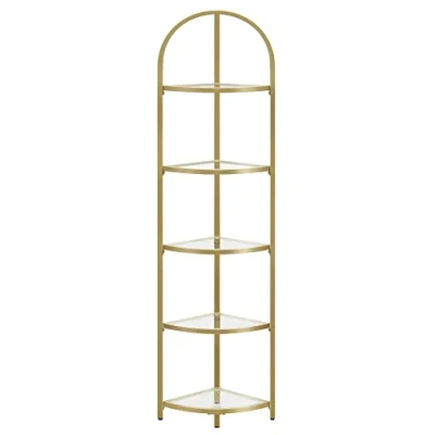 Afbeelding van VASAGLE hoekplank met 5 niveaus, boekenkast, vrijstaande plank, metalen frame, legplanken van gehard glas, roestvrij, woonkamer, slaapkamer, keuken, badkamer, modern, goudkleurig LGT810A01
