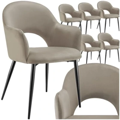 Afbeelding van tectake® Fauteuil Sachel Eetkamerstoel Set van 6 Fluweellook Gestoffeerd Comfortabele Zitschalen Ergonomisch Ontwerp 120 kg Draagkracht Taupe