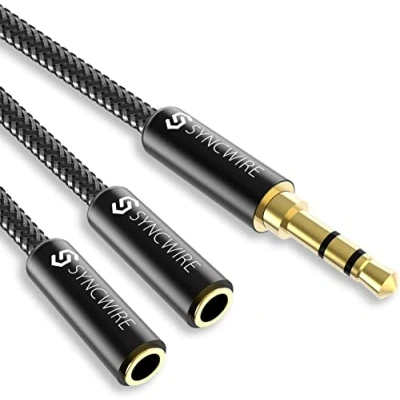 Afbeelding van Syncwire audio Y splitter kabel 23cm 3,5mm male naar 2X vrouwelijke nylon hoofdtelefoon dubbele stekker voor Apple, Samsung, smartphone, hoofdtelefoon, luidspreker &amp; meer zwart