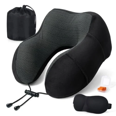 Afbeelding van nekkussen van traagschuim met 3D masker voor ogen en oordopjes, U vormig zacht katoenen reiskussen, vliegtuig,