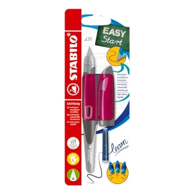 Afbeelding van STABILO EASYbirdy Ergonomische vulpen voor linkshandigen met veer beginners A framboos/roze unieke pen cartridge en instelgereedschap inktkleur blauw (uitwisbaar)