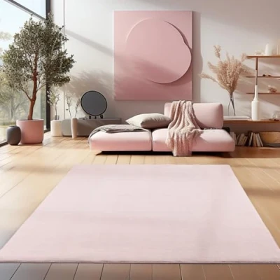 Afbeelding van HomebyHome Vloerkleed, 240 x 340 cm, roze, wasbaar, laagpolig, effen, modern design, antislip, extra zacht, pluizig, voor woonkamer, keuken, slaapkamer, kinderkamer