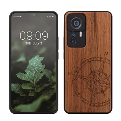 Afbeelding van kwmobile telefoonhoesje geschikt voorXiaomi 12T / Pro Hoesje met bumper walnoothout In donkerbruin Vintage Kompas design