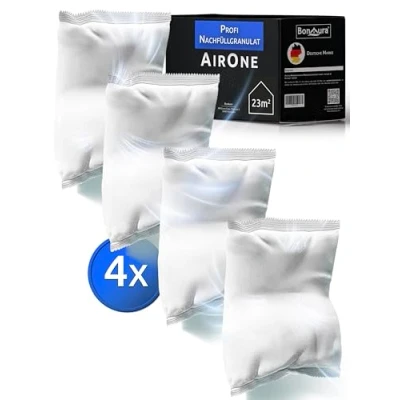 Afbeelding van BonAura® AirOne luchtontvochtiger zonder stroom met 360 ventilatie, schenktuit en granulaat, 680 g, bescherming tegen schimmel geur,