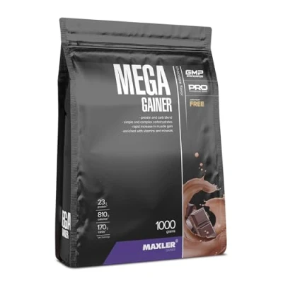 Afbeelding van Maxler Mega Gainer Gewichtstoename voor spieropbouw, chocolade, 1000 g, combinatie van eiwitten, koolhydraten, vitaminen en mineralen, 10% wei eiwit