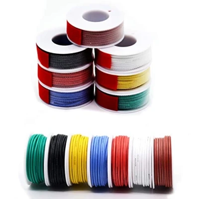 Afbeelding van Haerkn Siliconen draad, elektrisch, 0,08 mm², 28 AWG, vertind koperdraad, zacht en flexibel, 7 kleuren, elk 13 meter op spoel, temperatuurbestendigheid tot 200 graden Celsius, 300 V