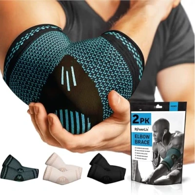 Afbeelding van POWERLIX Elleboogband voor mannen/vrouwen, 2 verpakkingen elleboogverband peesontsteking, tennis en golfelleboog, beschermend verband sport pijnverlichting, blauw, L