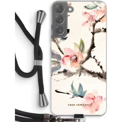Afbeelding van Case Company® hoesje met Koord geschikt voor Samsung Galaxy S22 Plus Japanse bloemen Telefoonhoesje Zwart Bescherming aan alle Kanten en Over de Schermrand
