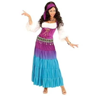 Afbeelding van Widmann Zigeuner &amp; Zigeunerin Kostuum Feestelijke Roma Vrouw Blauw, Roze Large Carnavalskleding Verkleedkleding