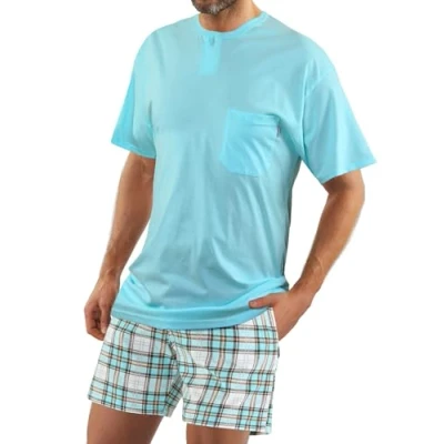 Afbeelding van sesto senso 2 delige pyjamaset voor heren, van katoen, met korte mouwen en broek, T shirt Turquoise; Broeken Wit Bruin geruit