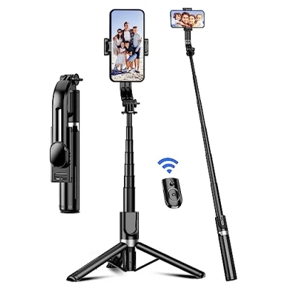 Afbeelding van selfiestick, 106 cm, uittrekbaar, met versterkt en stabiel statief, telescoopstang van aluminiumlegering afstandsbediening voor iPhone Android apparaten (zwart)