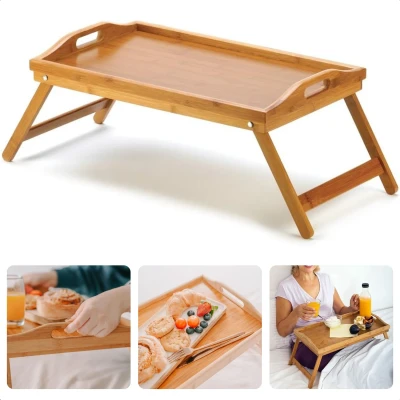Afbeelding van Cheqo® Bamboe Ontbijt Dienblad Inklapbaar Bedtafel op Pootjes 50x30 cm Voor in Bed Opvouwbaar Lichtgewicht Duurzaam Dienschaal Multifunctioneel