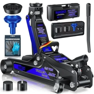 Afbeelding van MASKO® hydraulische krik, vlakke hefhoogte + 2 x rubberen pads handschoenen, krik voor voertuigen, 360 draaivermogen, 2,5 ton blauw