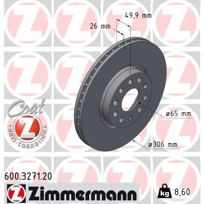 Afbeelding van ZIMMERMANN Remschijf CUPRA: Formentor SUV, Leon Sportstourer, VOLKSWAGEN: Golf VIII Hatchback, Variant, SKODA: Octavia IV Combi 600.3271.20
