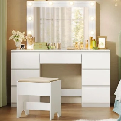 Afbeelding van WOLTU make uptafel met led spiegel en kruk, helderheid verstelbaar, 7 laden, slaapkamerkast grote opbergruimte, 110 x 39,5 140,5 cm, commode wit