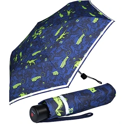 Afbeelding van Knirps 4Kids reflecterende zakparaplu voor kinderen met rand, Neon dinosaurussen, speels