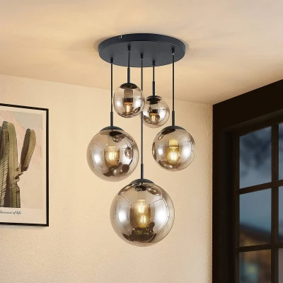 Afbeelding van Lindby hanglamp Teeja, rookgrijs, 5 lamps, glas, Ø50cm
