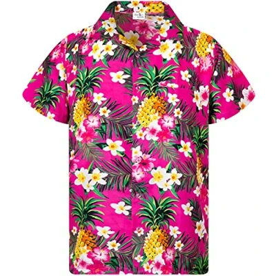 Afbeelding van King Kameha Funky Hawaïhemd voor kinderen, jongens, meisjes, korte mouwen, voorzak, Hawaii print, uniseks, ananasbladerpatroon, Kids Ananas Bloemen Roze