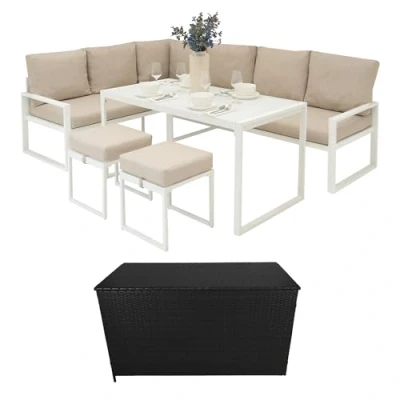 Afbeelding van Tuinmeubel Set Wit Aluminium met Rotan Opbergbox Zwart 7 Zitting Buiten Hoek Loungeset Zitbank Eettafel Krukken Kussens 582L Kist Gasveren Hefmechanisme Draagbaar Waterdichte Regenhoes Draagtas