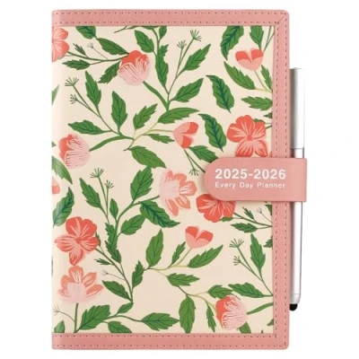 Afbeelding van Agenda scolaire journalier 2025 2026 de juillet à juin 2026, format A5, une page par jour, avec stylo, autocollants, poche arrière, 3 marque pages (rose 07 06 2026)