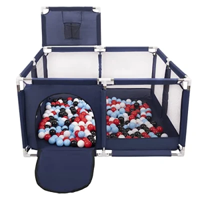Afbeelding van Selonis kinderbox met mand en 200 ballen, blauw:zwart/wit/rood/babyblauw