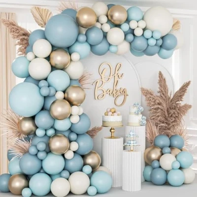 Afbeelding van blauwe ballonboogset, 105 delig, en witte ballonboog, verjaardagsballonboog, zandwitte ballon voor verjaardag, doop, jongens, decoratie, feest, babyshower, bruiloft