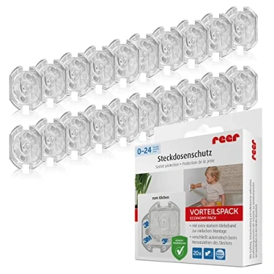 Afbeelding van reer 20 stuks stopcontactbeschermers, het origineel van de uitvinder kinderveiligheid, voor verlijming, intensief getest, transparant