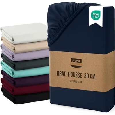Afbeelding van Utopia Bedding Hoeslaken, met overslag van 30 cm, eenvoudig onderhoud, zachte geborstelde microvezelstof, krimpbestendig en vervaagt niet (140 x 200 marineblauw)