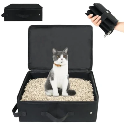 Afbeelding van Draagbare opvouwbare reiskattenbak met deksel voor kleine kittens, draagbaar, reiskattenbak, duurzaam en waterdicht, kamperen, binnen, buiten, zwart