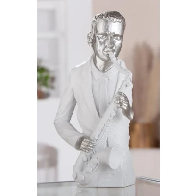 Afbeelding van GILDE Muzikant Beeldje Hars Wit Mat Metallic Look Saxofoon H 31,5 cm B 19,5 D 11,5 Decoratie Cadeau Kunst Sculptuur