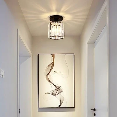 Afbeelding van Moderne kristallen plafondlamp, mini zwarte plafondlamp E27 ronde kroonluchter, voor entree, hal, keuken, slaapkamer, woonkamer, verlichting