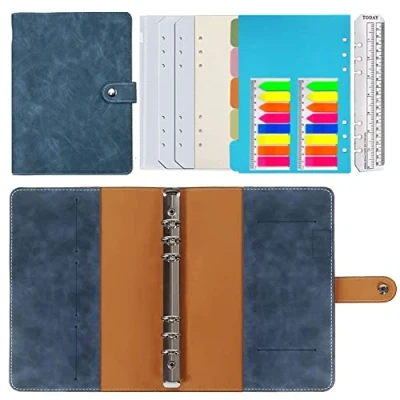 Afbeelding van Navulbaar notitieboek, A5, PU leer, A5 formaat, gestippeld papier, binnenvakken voor reiswerk en organizer, cadeau meisjes jongens, blauw, 23 x