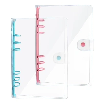 Afbeelding van DY.2ten Set van 2 A6 ringmappen met 6 ringen transparant zacht pvc drukknoopsluiting, map losse bladen, ronde ringen, roze + blauw, transparante omslag