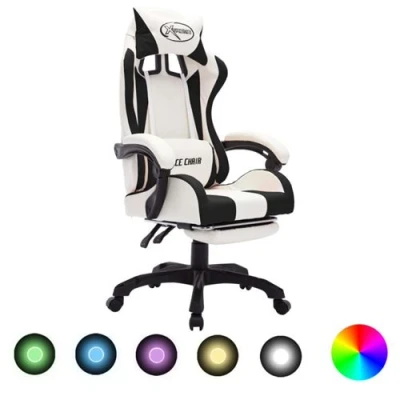 Afbeelding van Racestoel met RGB LED verlichting kunstleer zwart en wit