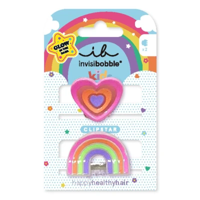 Afbeelding van invisibobble CLIPSTAR Glow Kids Happy Heart 2 stuks lichtgevende haarspelden voor kinderen, regenboogdesign en hart, antislip haarclips gezond haar, perfect