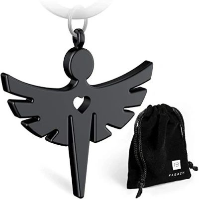 Afbeelding van FABACH Beschermengel sleutelhanger met hart, elegante engelhanger van metaal, zilver, goud, roségoud, zwart, gelukscadeau voor auto, rijbewijs, 1 x zwart (mat),