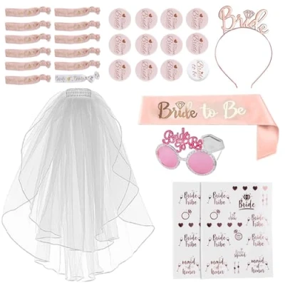 Afbeelding van Bride to Be sjaal en sluierset, vrijgezellenfeestaccessoires, JGA decoratieve accessoires voor dames, met tiarebril, teamtatoeages, 12 armbanden, badges