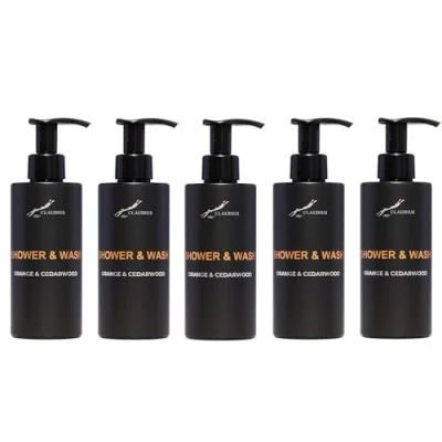 Afbeelding van Shower &amp; Wash Sweet Orange Cedarwood 300 ml met pomp zwarte fles set van 5 stuks Voordeelverpakking