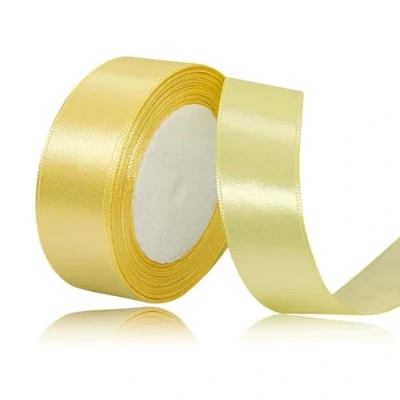 Afbeelding van satijnen lint lichtgeel 4 cm decoratief voor jurk, bruiloft, doop en verjaardag, Cadeauverpakking 22,8 m