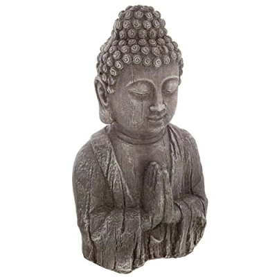 Afbeelding van Atmosphera Boeddha hoofd beeld biddend binnen/buiten kunststeen oud hout look 50 cm