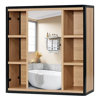 Afbeelding van EUGAD Badkamermeubel, wandmontage, met spiegel, badkamerkast, opslag, toiletkast, 6 open vakken, verstelbare planken, van gelamineerd hout en metaal, 60 x 58 16 cm