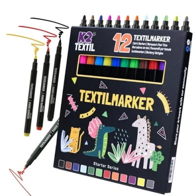Afbeelding van K2 TEXTIL 12 Set van 24 machinewasbare textielstiften, textielmarkers om te schilderen, textielverf voor textiel en schoenen, geschikt kinderen (12)