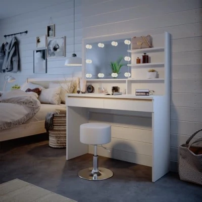 Afbeelding van Vicco Make uptafel set met kruk Emma, Wit, 120 cm spiegelplank, &amp; LED verlichting