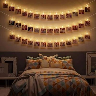Afbeelding van CozyHome 6 m led fotoclip lichtketting met netstekker werkt niet op batterijen, 30 ledklemmen, warmwit, fotolijn voor Polaroid foto, decoratieve ketting