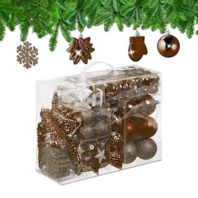 Afbeelding van kerstballen set van 100 plastic mat glanzend glitters 10 designs bruin