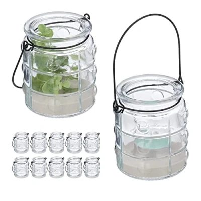 Afbeelding van Relaxdays windlicht met hengsel set van 12 outdoor theelichthouder transparant glas