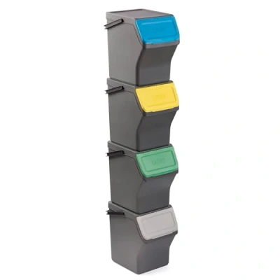 Afbeelding van TATAY Set van 4 modulaire en stapelbare vuilnisemmers, inhoud 20 liter per polypropyleen bak, gekleurd deksel met scharnieropening, brede opening aan de voorkant, draaggreep, grijs