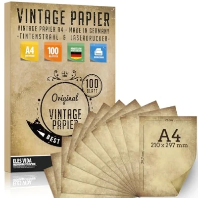 Afbeelding van 100 stuks A4 vintage briefpapier 100g / qm met 5 vellen kraftpapier oud voor certificaten schatkaarten knutselkaarten, bruiloft, cadeaus, nostalgie, verjaardag, scrapbooking motiefpapie